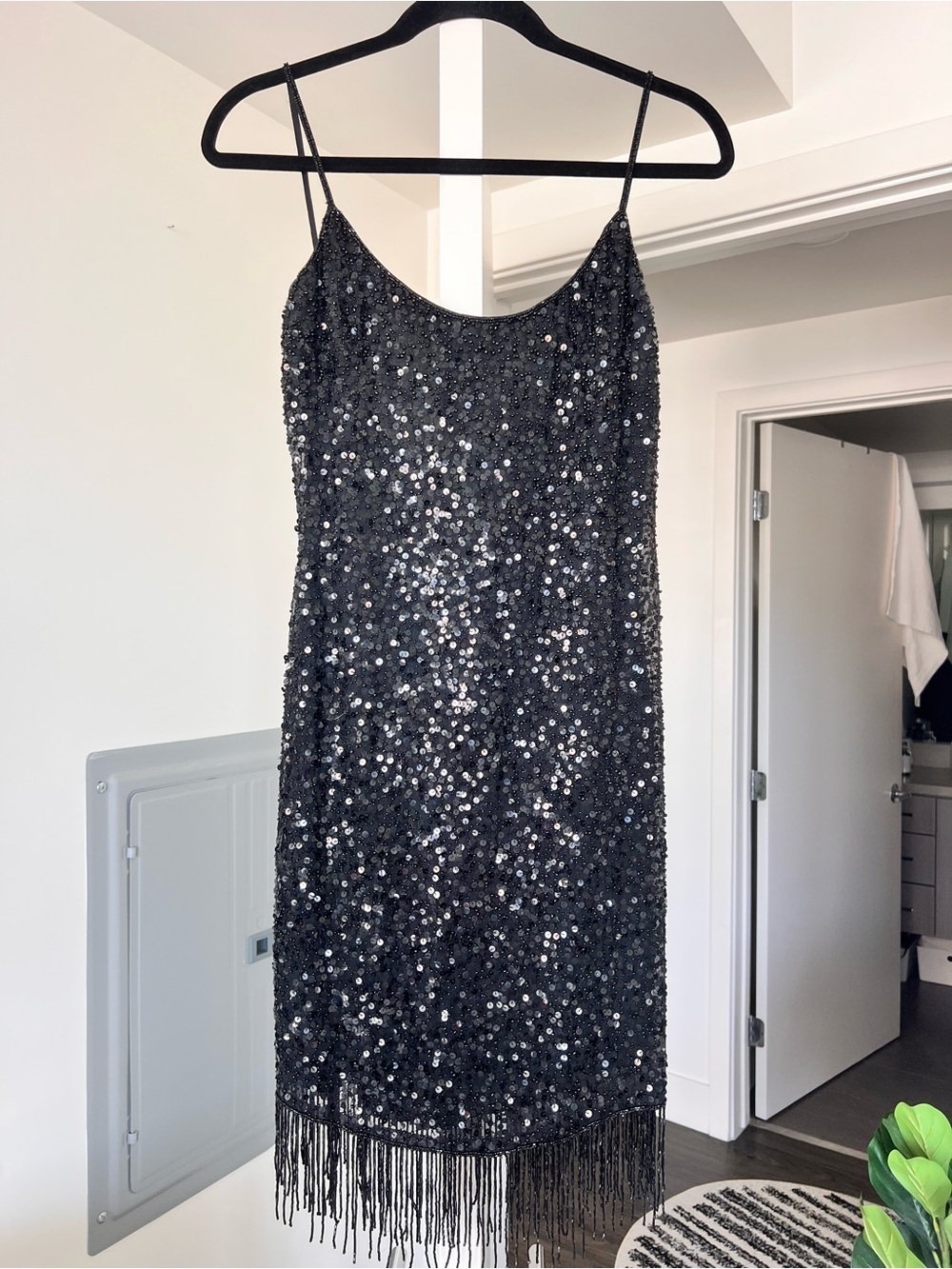 Vintage Cache 100% Silk Full Sequined Mini Dress Tassel Hemline- Sz 4